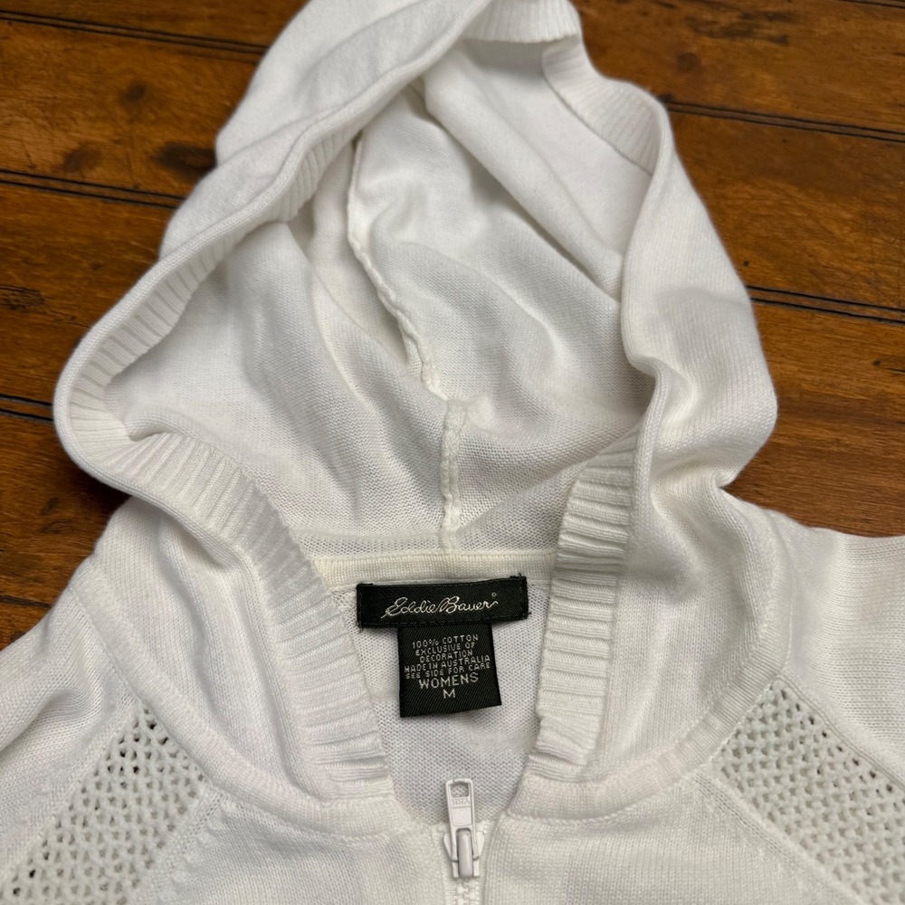 Eddie Bauer White Cotton Knit Zip Up Hoodie Sweater Women's M Mesh Detail - Picture 3 of 7